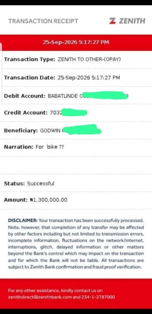 Dirt-bike payment receipt